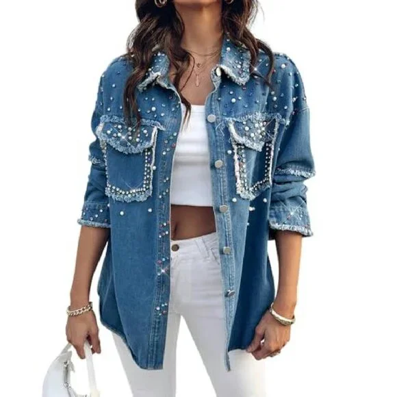 Oversized Denim Jacket with Sequin Pockets, Long Sleeve Casual Shacket - Picture 2 of 8
